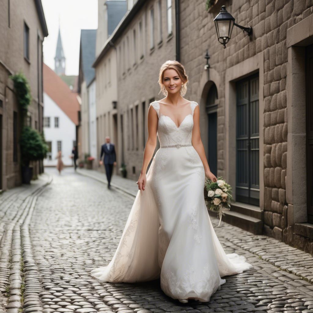 A stunning image of gorgeous bride walking down a cobblestone street.