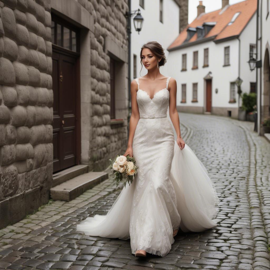 A stunning image of gorgeous bride walking down a cobblestone street.