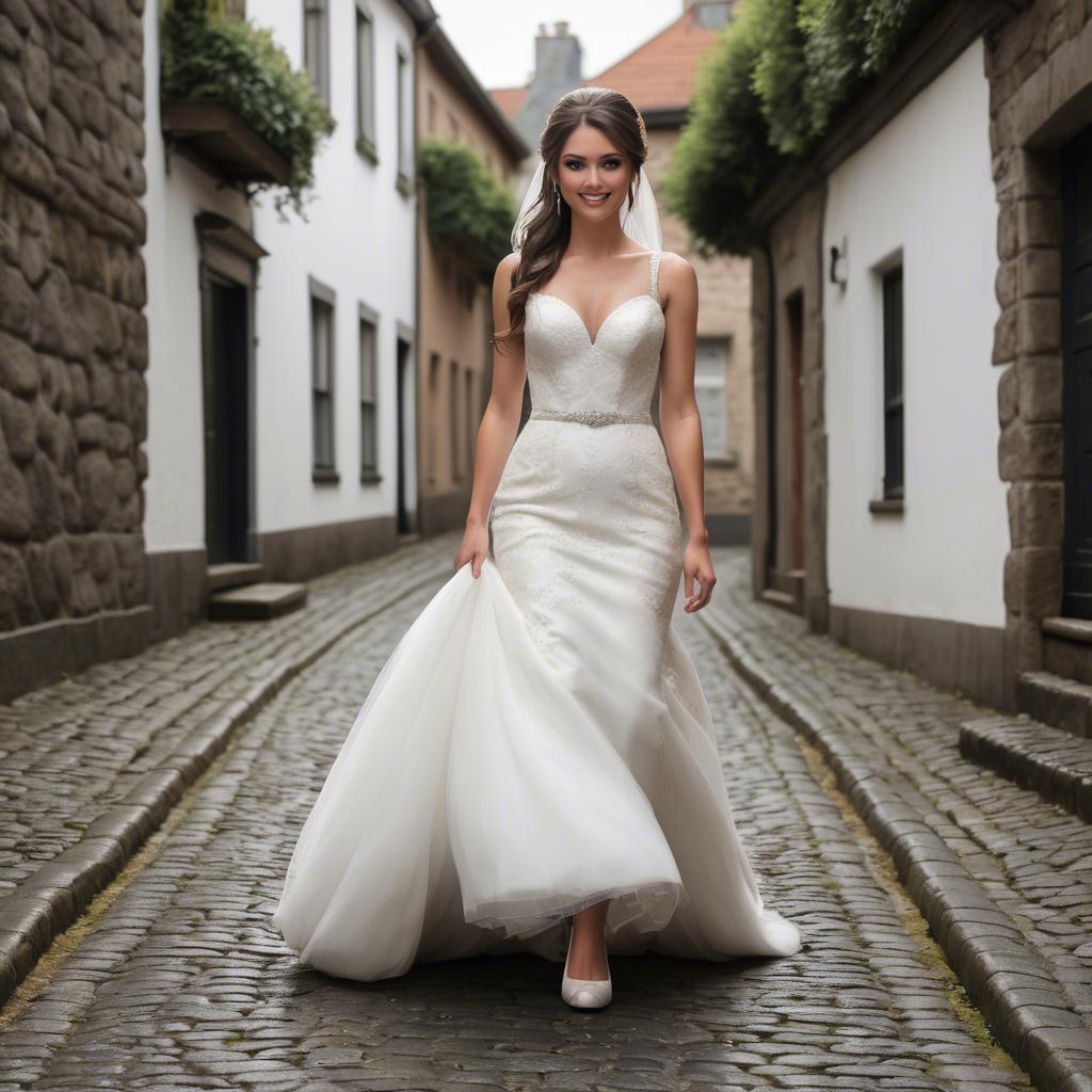 A stunning image of gorgeous bride walking down a cobblestone street.