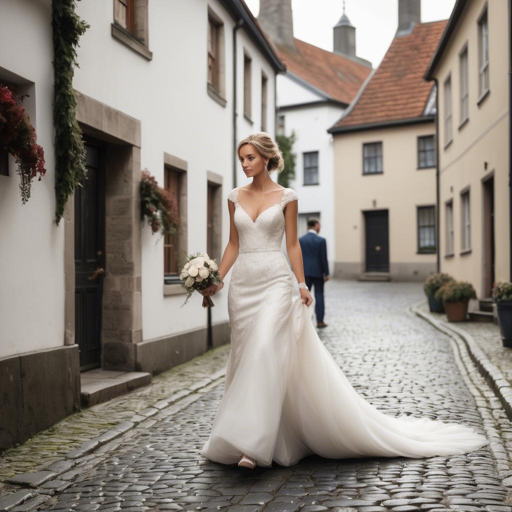 A stunning image of gorgeous bride walking down a cobblestone street.