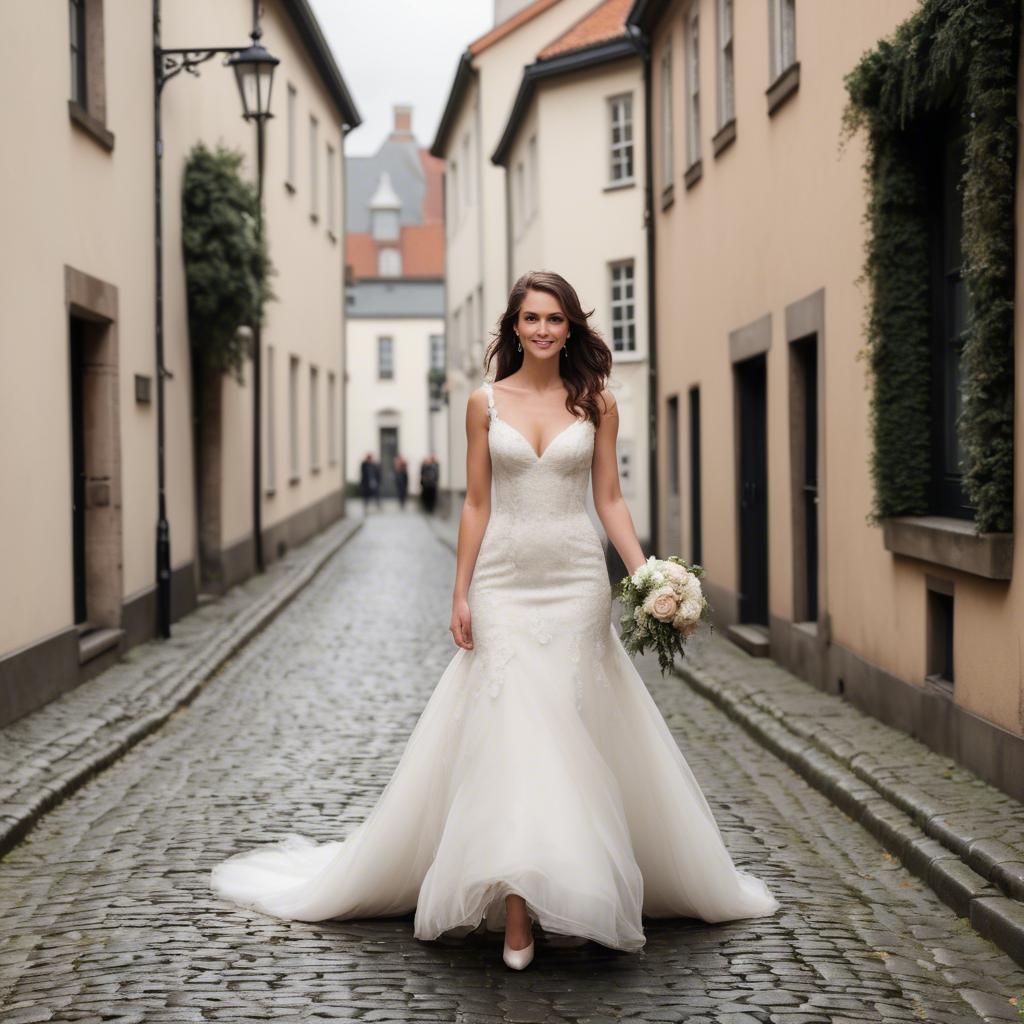 A stunning image of gorgeous bride walking down a cobblestone street.
