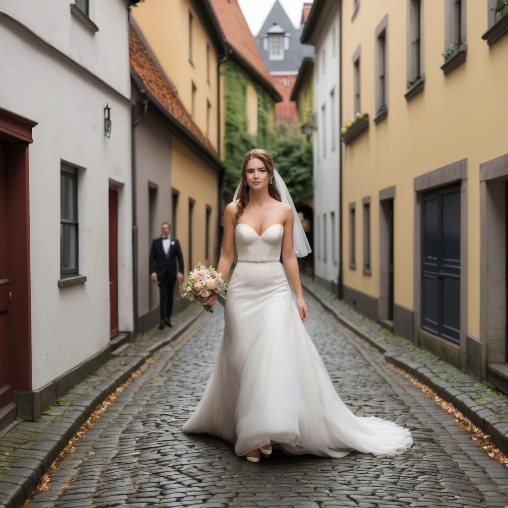 A stunning image of gorgeous bride walking down a cobblestone street.