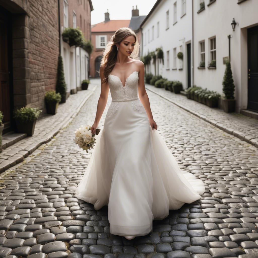 A stunning image of gorgeous bride walking down a cobblestone street.