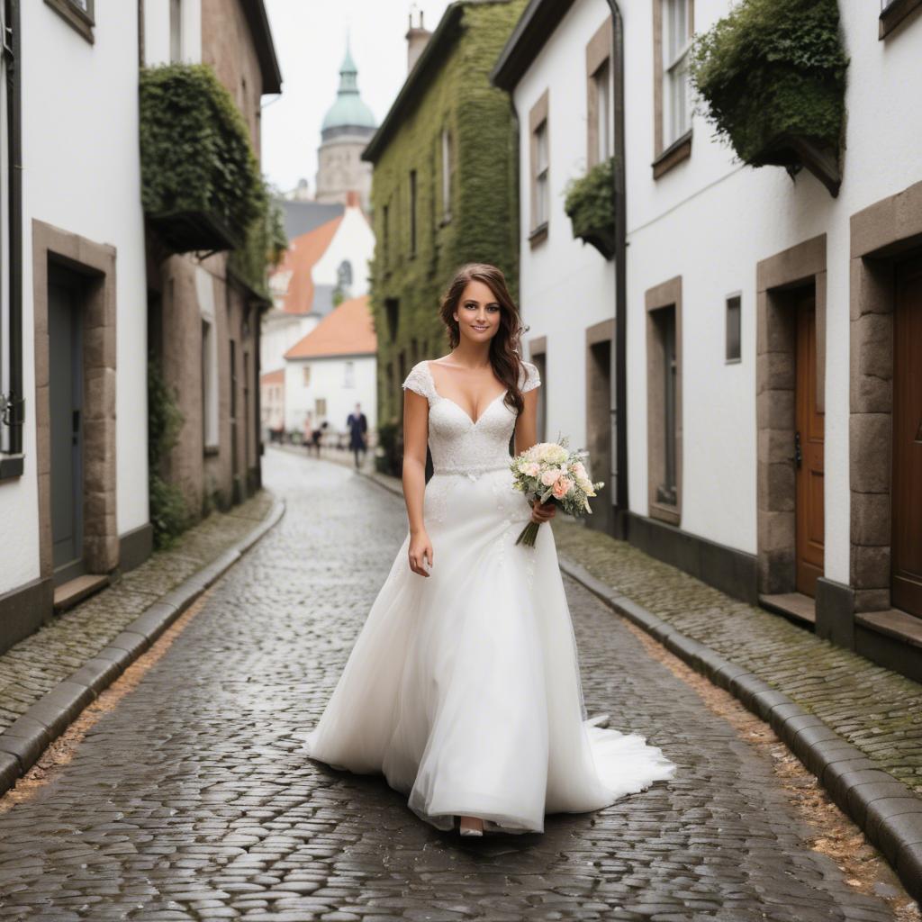 A stunning image of gorgeous bride walking down a cobblestone street.