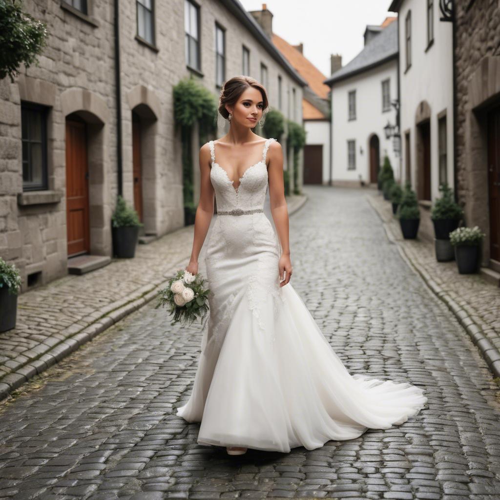 A stunning image of gorgeous bride walking down a cobblestone street.