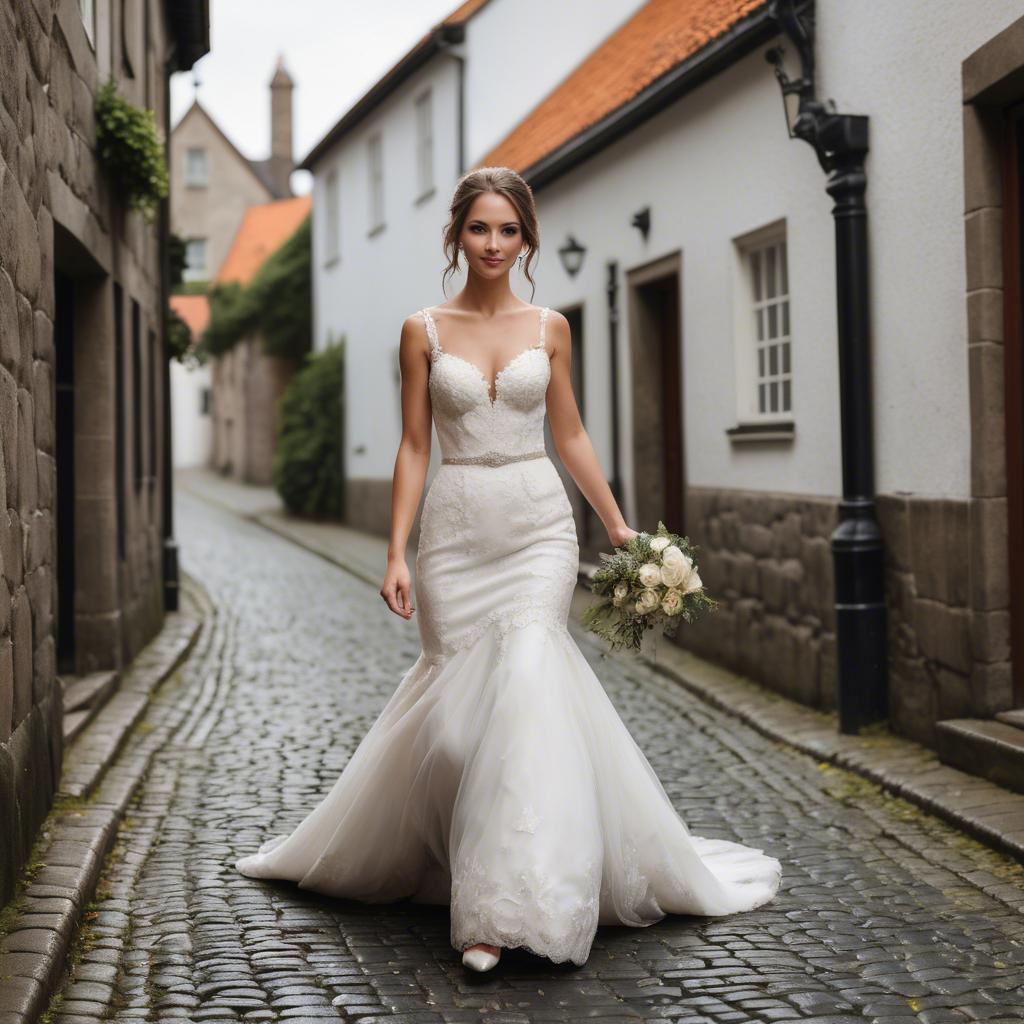 A stunning image of gorgeous bride walking down a cobblestone street.