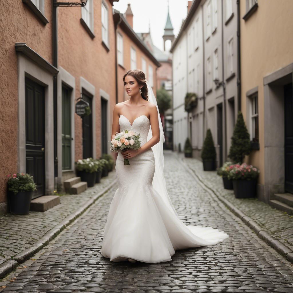 A stunning image of gorgeous bride walking down a cobblestone street.