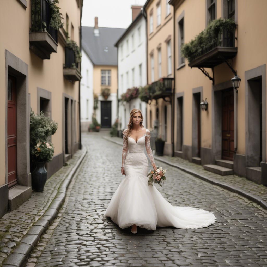 A stunning image of gorgeous bride walking down a cobblestone street.