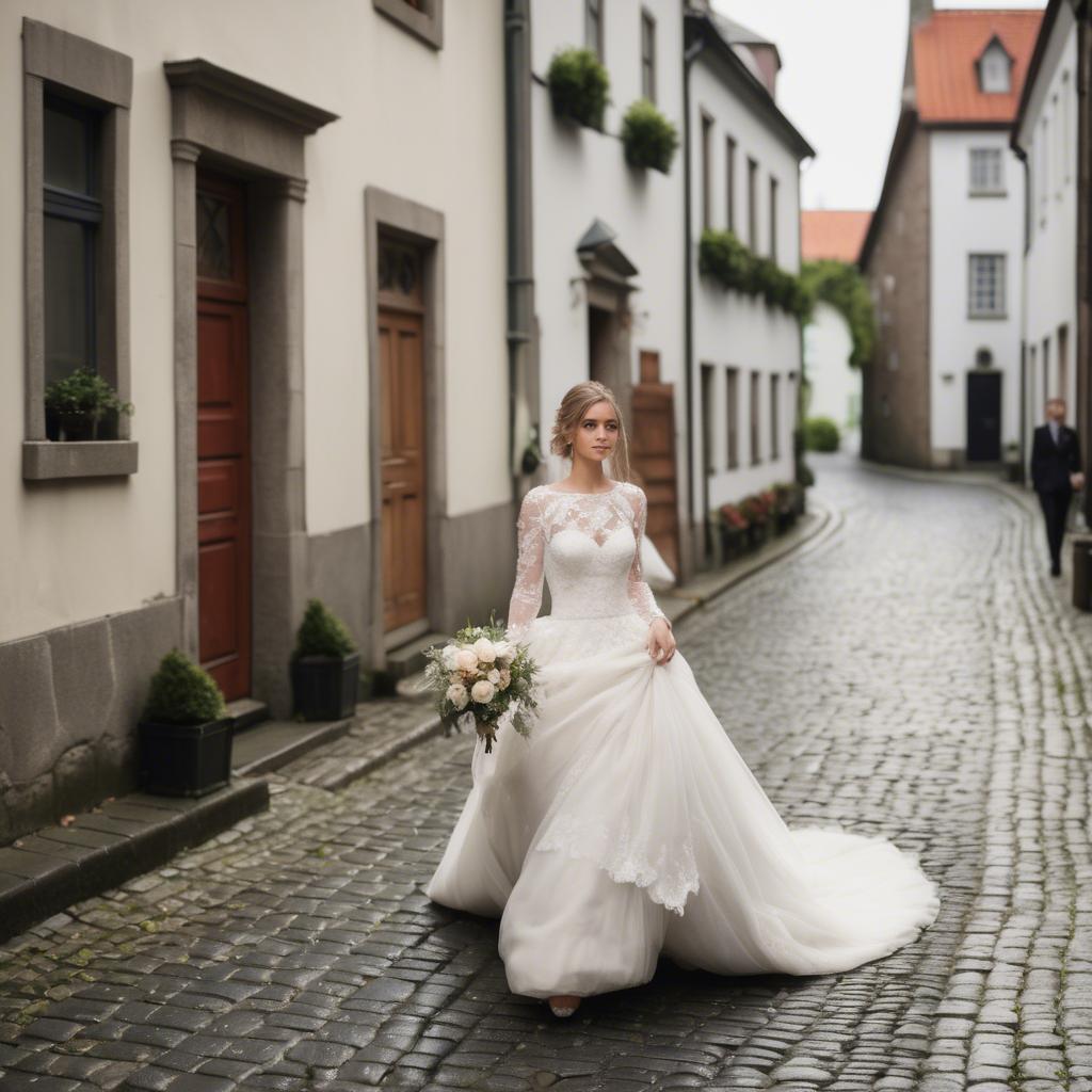 A stunning image of gorgeous bride walking down a cobblestone street.