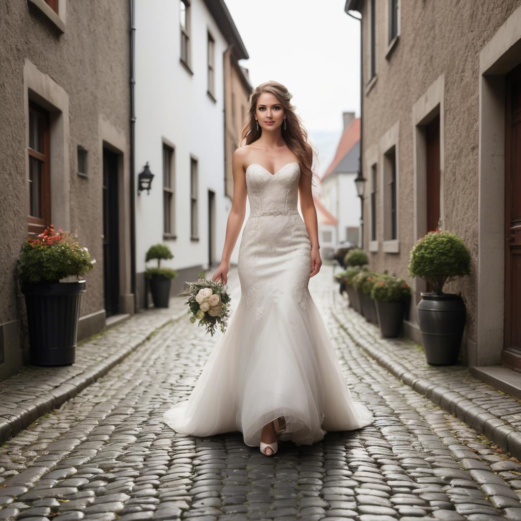 A stunning image of gorgeous bride walking down a cobblestone street.