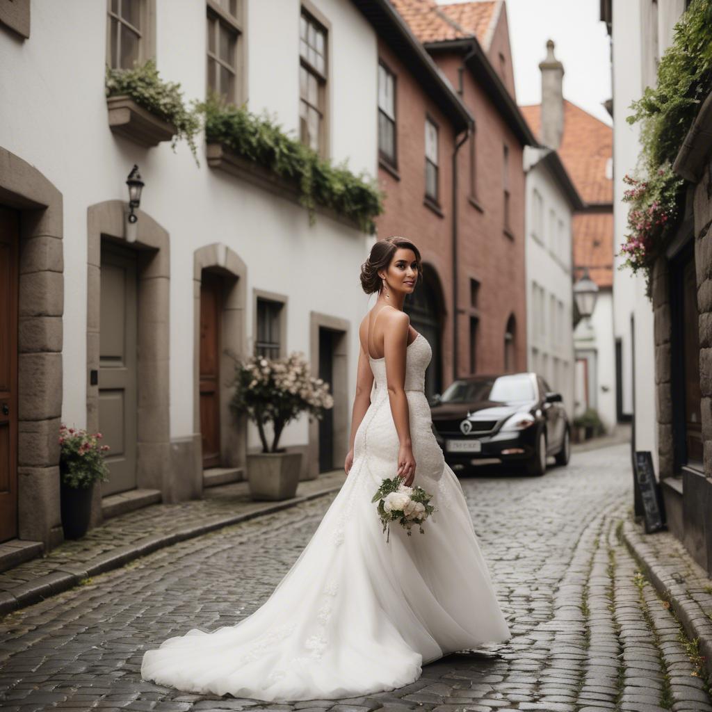 A stunning image of gorgeous bride walking down a cobblestone street.