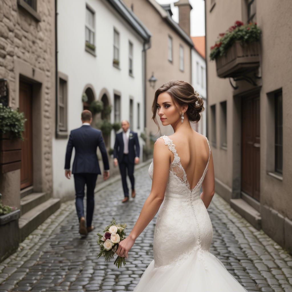 A stunning image of gorgeous bride walking down a cobblestone street.