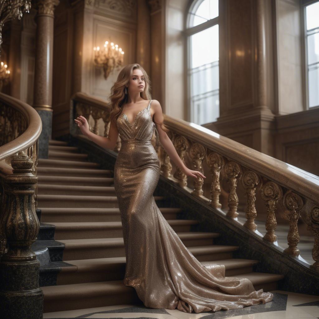 A stunning image of gorgeous girl in a glittering dress on a grand staircase.
