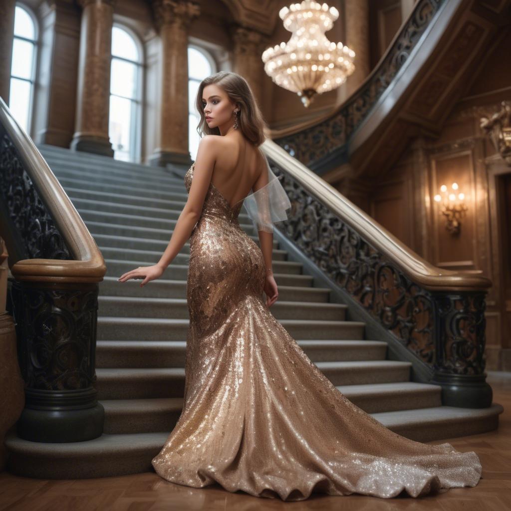 A stunning image of gorgeous girl in a glittering dress on a grand staircase.