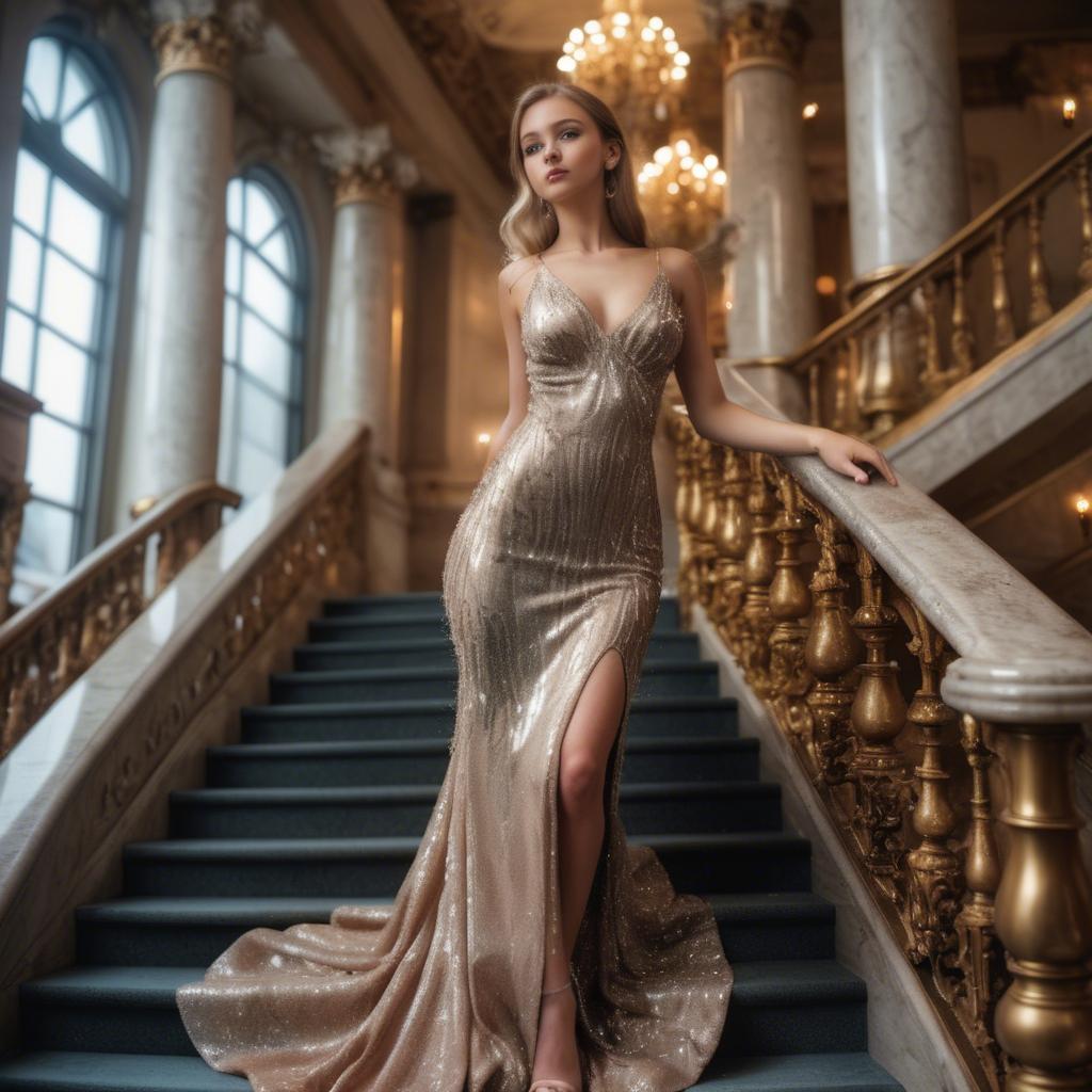A stunning image of gorgeous girl in a glittering dress on a grand staircase.