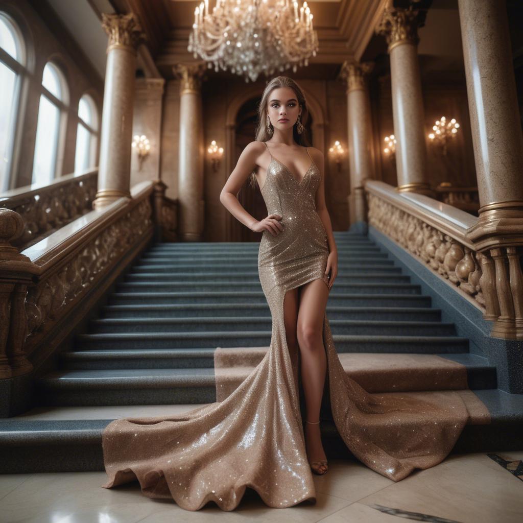 A stunning image of gorgeous girl in a glittering dress on a grand staircase.