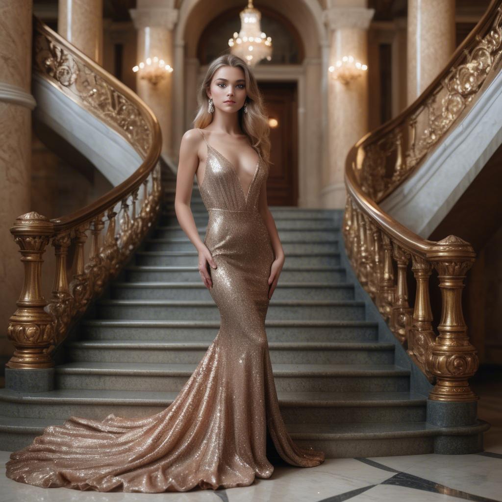 A stunning image of gorgeous girl in a glittering dress on a grand staircase.