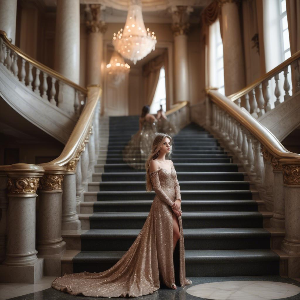 A stunning image of gorgeous girl in a glittering dress on a grand staircase.