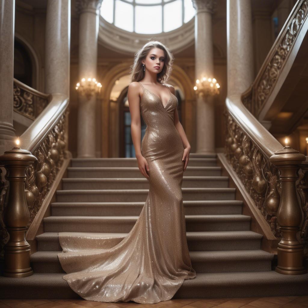 A stunning image of gorgeous girl in a glittering dress on a grand staircase.