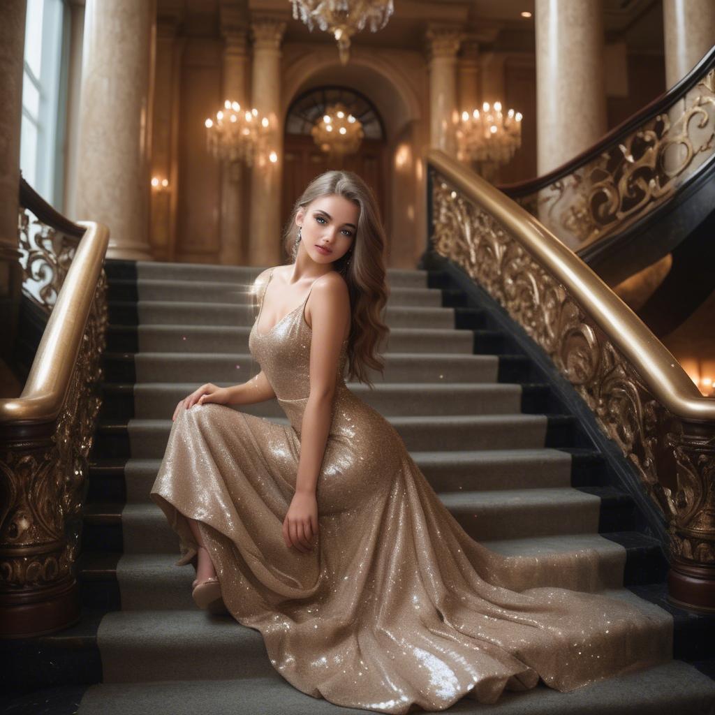 A stunning image of gorgeous girl in a glittering dress on a grand staircase.