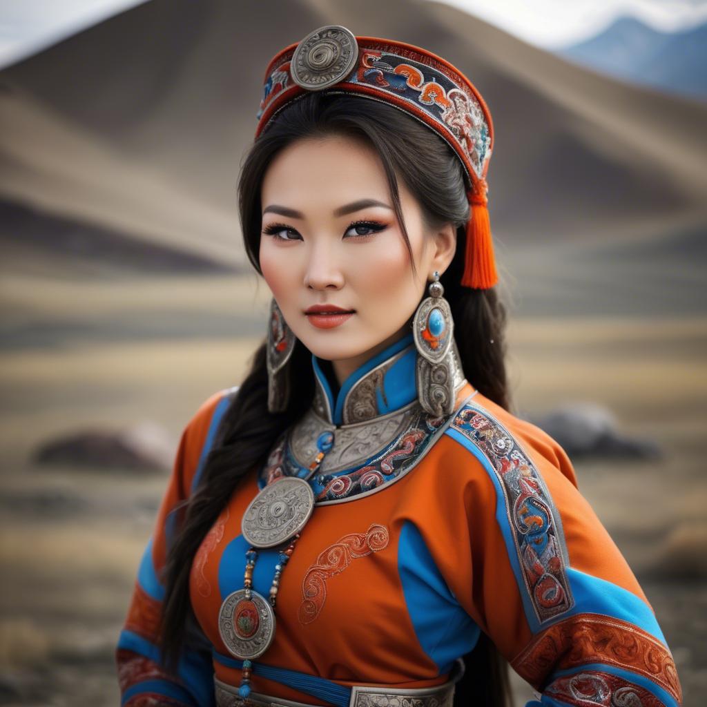 A stunning image of gorgeous woman in traditional mongolian dress.