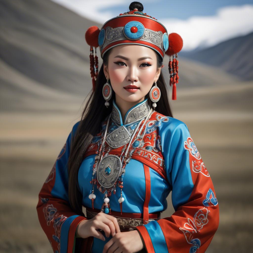 A stunning image of gorgeous woman in traditional mongolian dress.