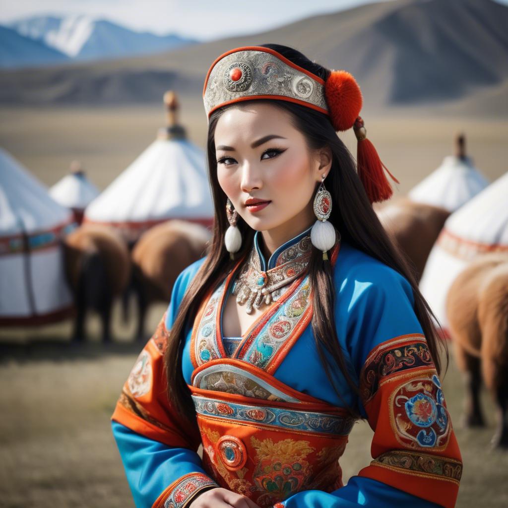 A stunning image of gorgeous woman in traditional mongolian dress.