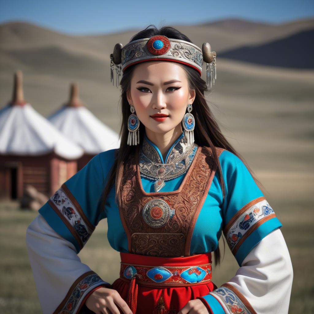 A stunning image of gorgeous woman in traditional mongolian dress.