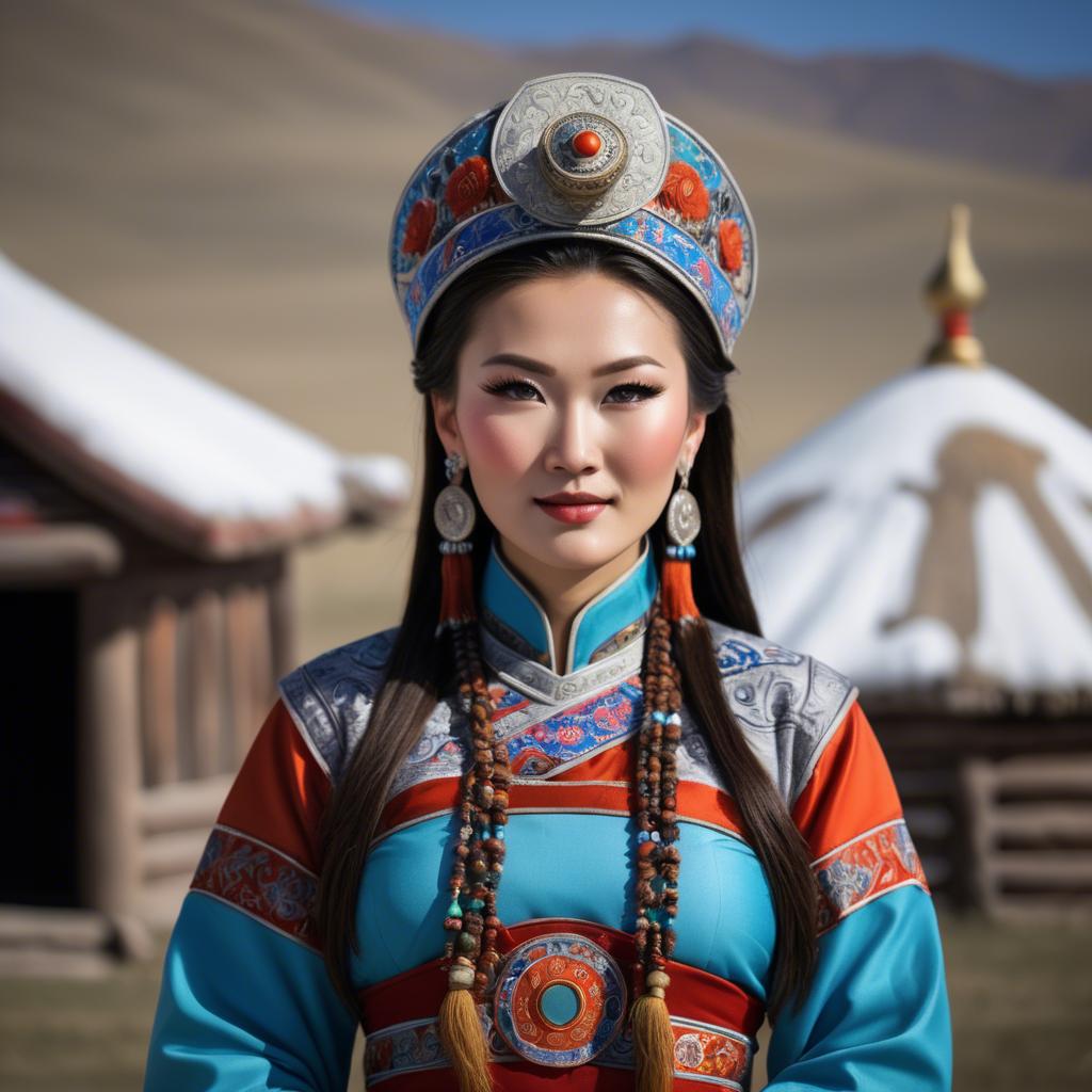 A stunning image of gorgeous woman in traditional mongolian dress.