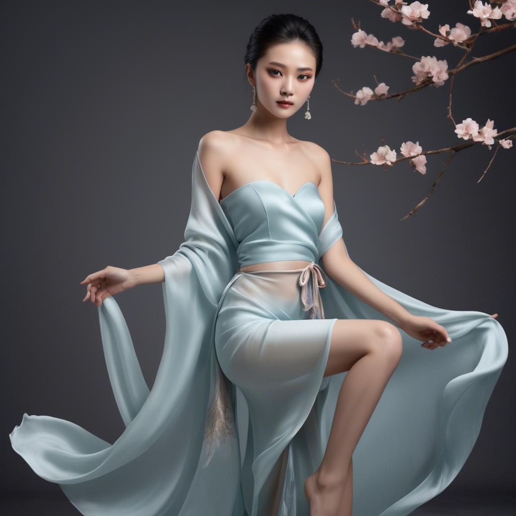 A stunning image of graceful chinese model with delicate silk fabric.