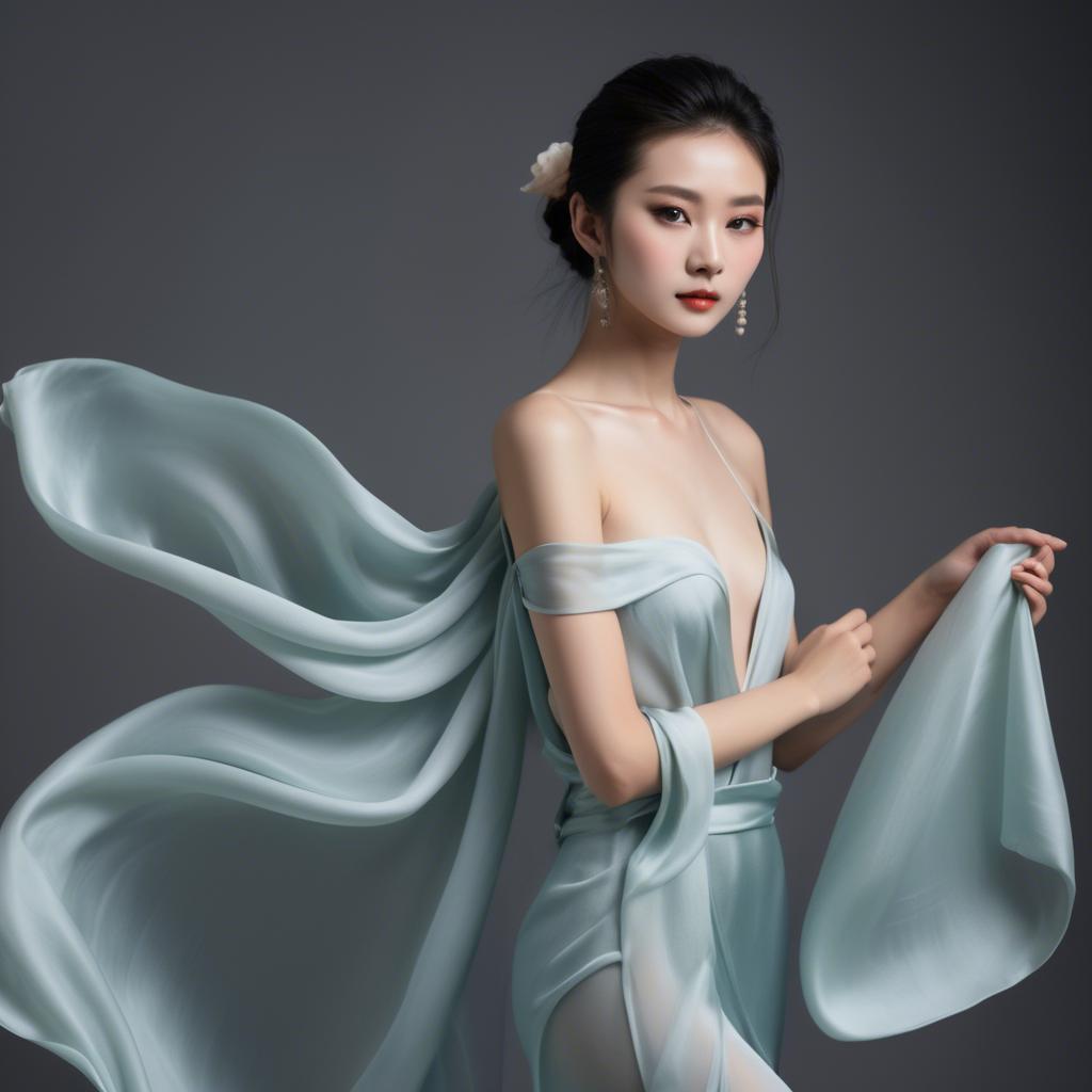 A stunning image of graceful chinese model with delicate silk fabric.