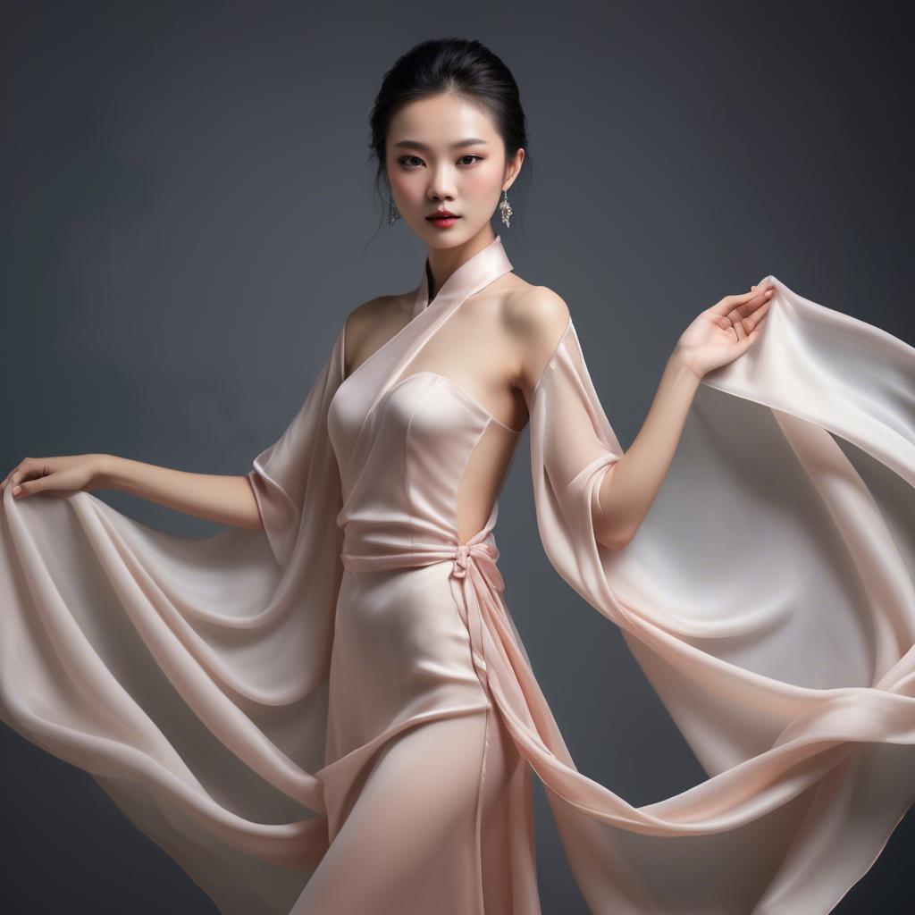 A stunning image of graceful chinese model with delicate silk fabric.