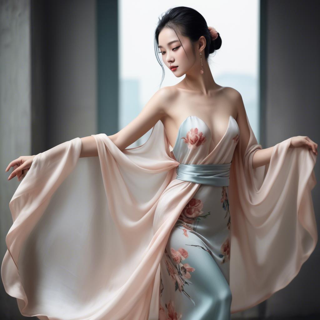 A stunning image of graceful chinese model with delicate silk fabric.