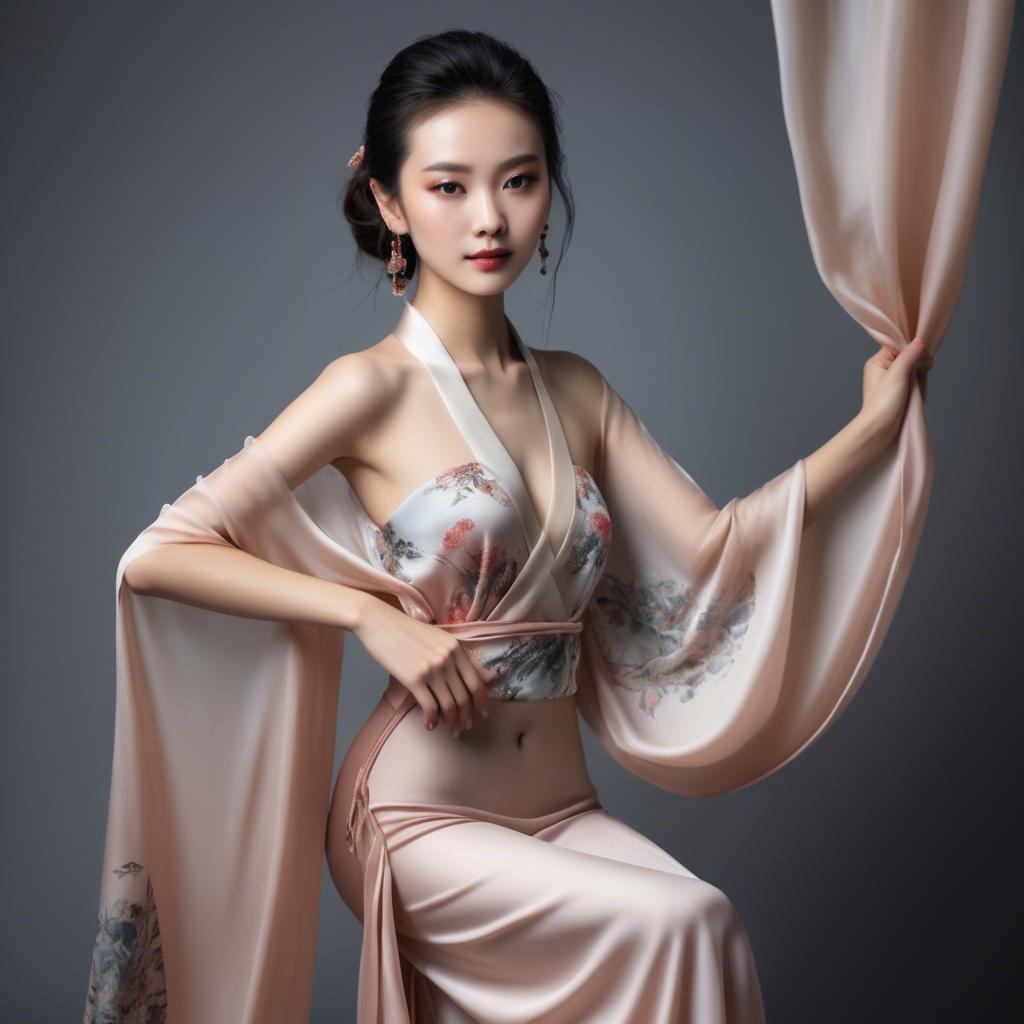 A stunning image of graceful chinese model with delicate silk fabric.