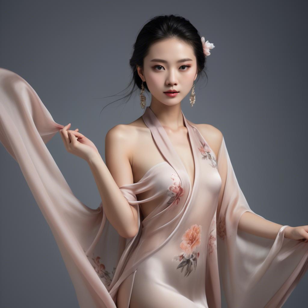 A stunning image of graceful chinese model with delicate silk fabric.