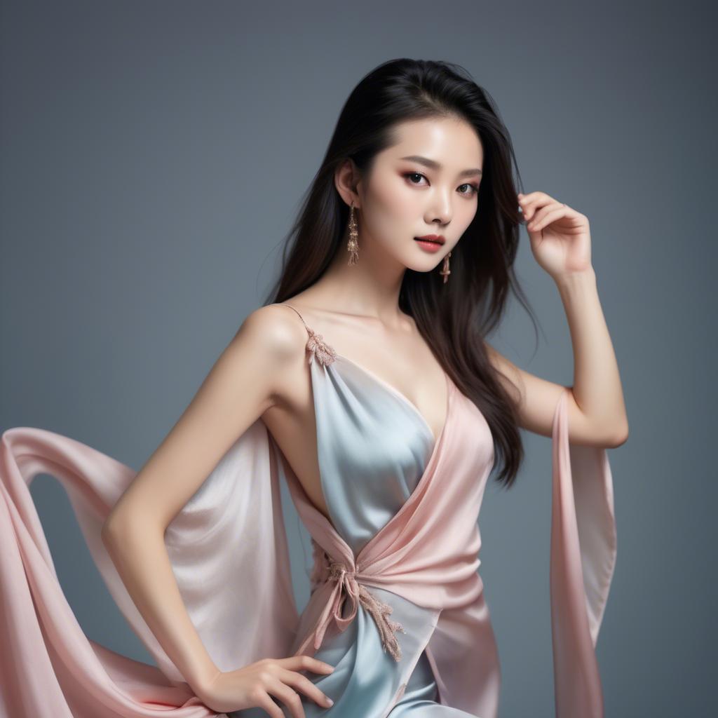 A stunning image of graceful chinese model with delicate silk fabric.