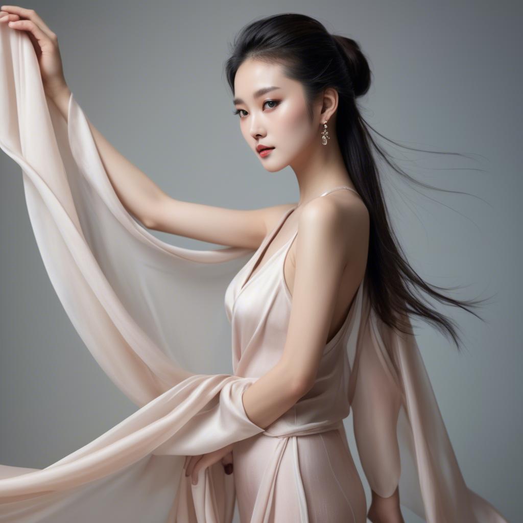A stunning image of graceful chinese model with delicate silk fabric.