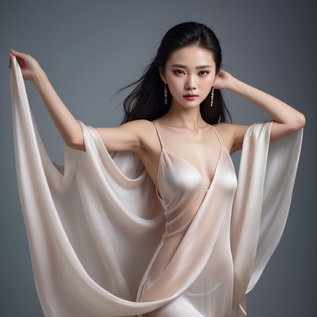 A stunning image of graceful chinese model with delicate silk fabric.