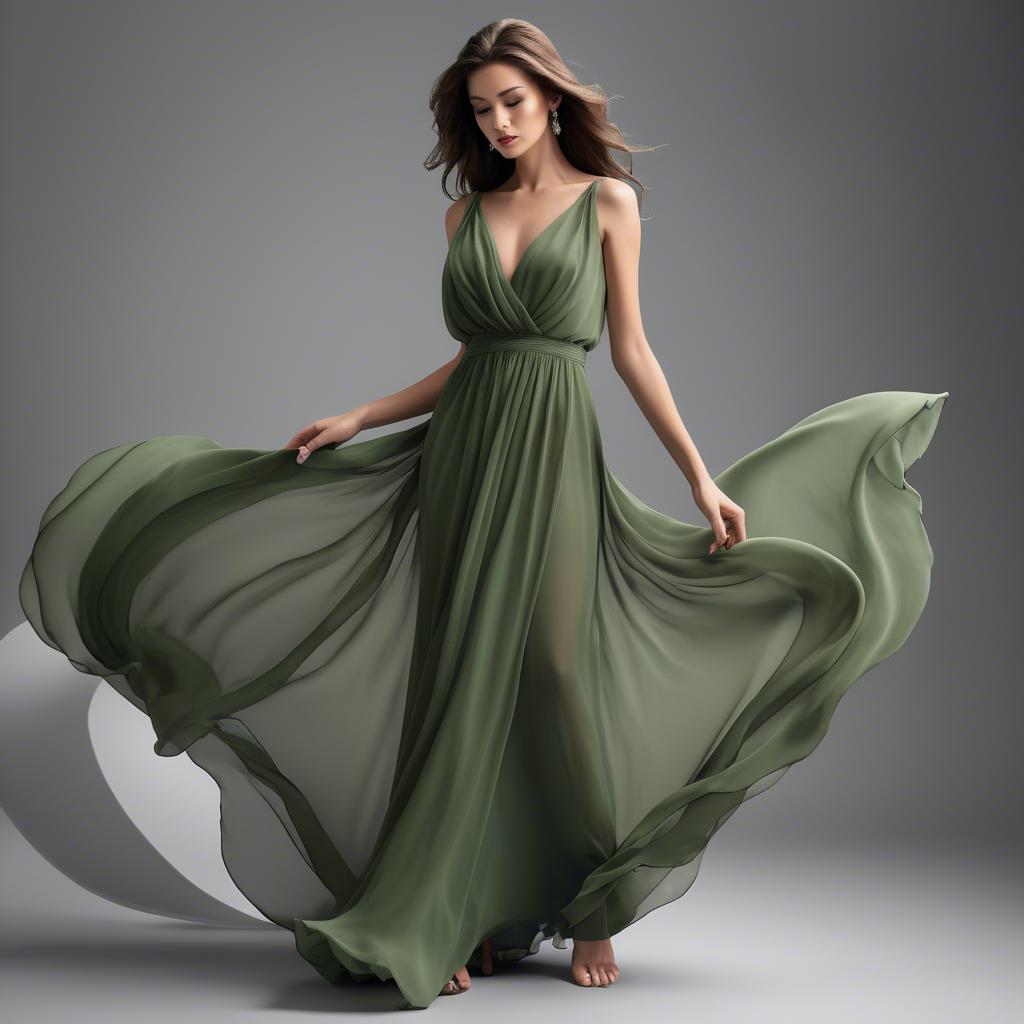 A stunning image of graceful model in a flowing green chiffon gown.