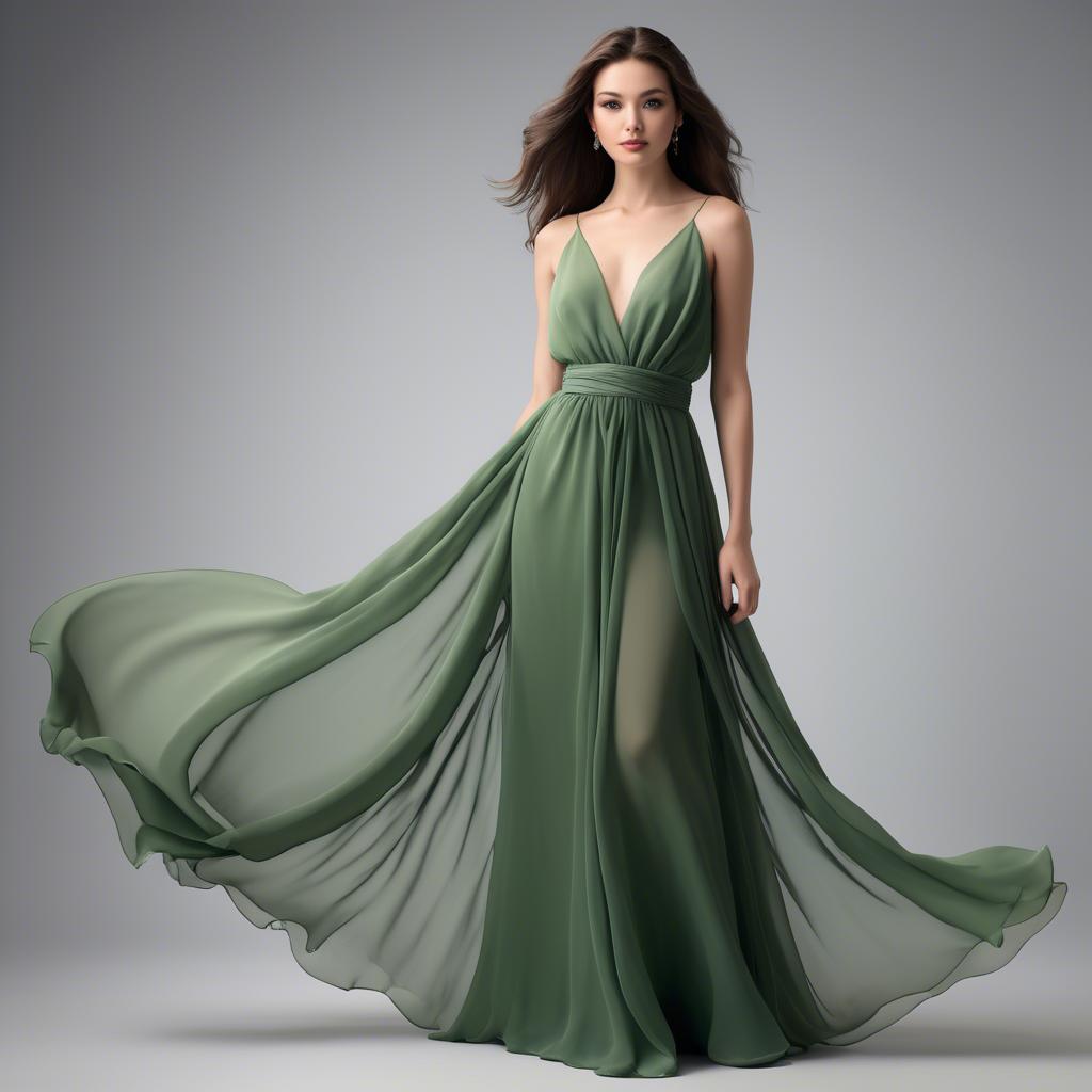 A stunning image of graceful model in a flowing green chiffon gown.