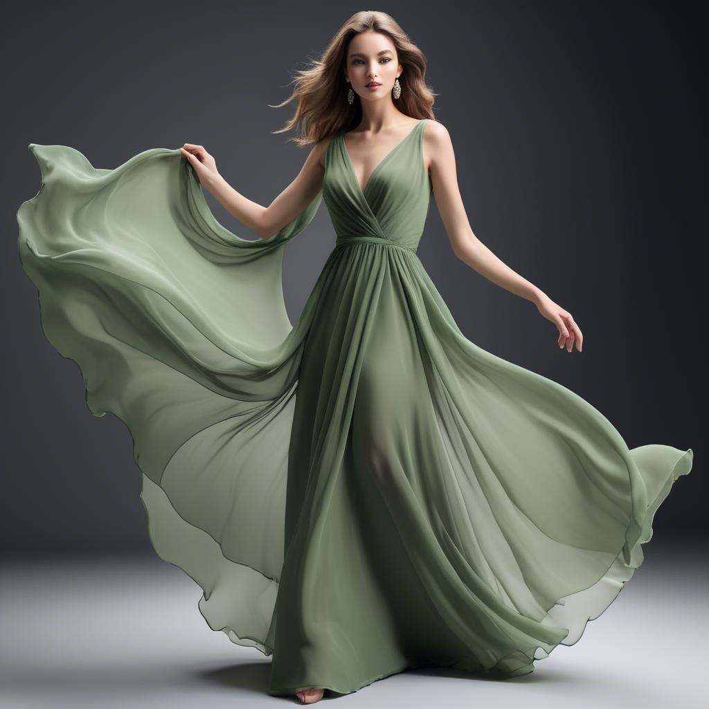 A stunning image of graceful model in a flowing green chiffon gown.