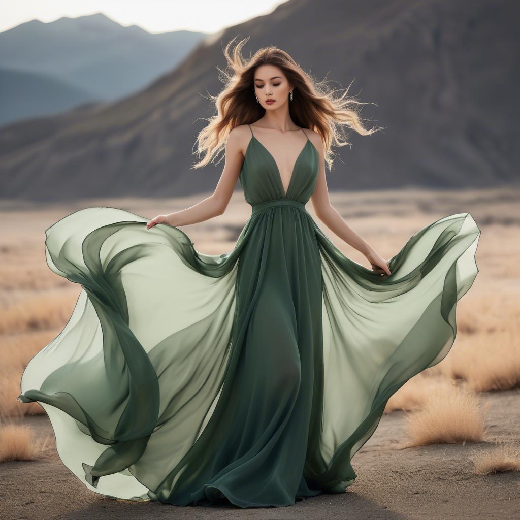 A stunning image of graceful model in a flowing green chiffon gown.