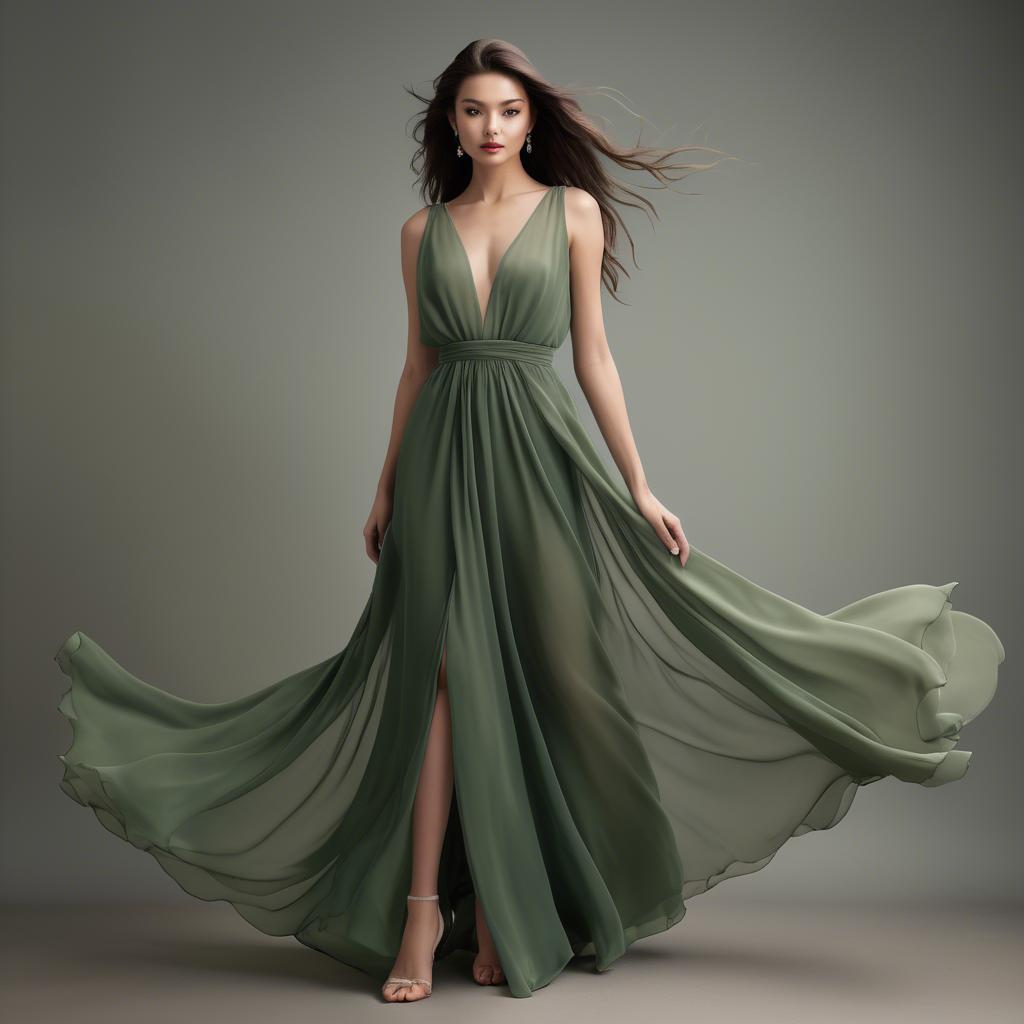 A stunning image of graceful model in a flowing green chiffon gown.