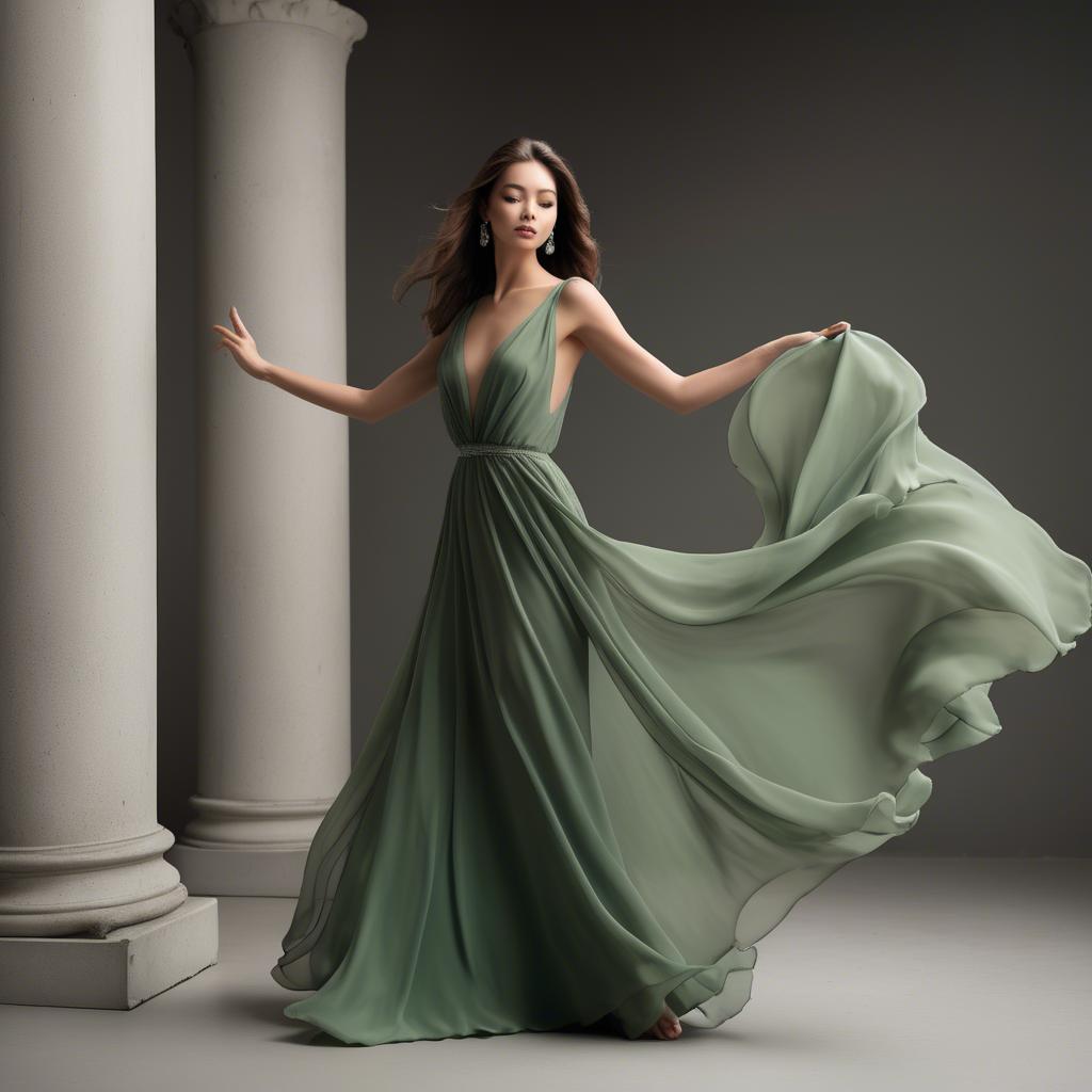 A stunning image of graceful model in a flowing green chiffon gown.
