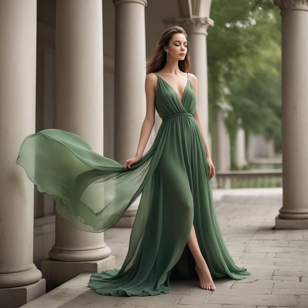 A stunning image of graceful model in a flowing green chiffon gown.
