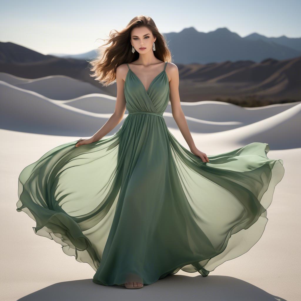 A stunning image of graceful model in a flowing green chiffon gown.