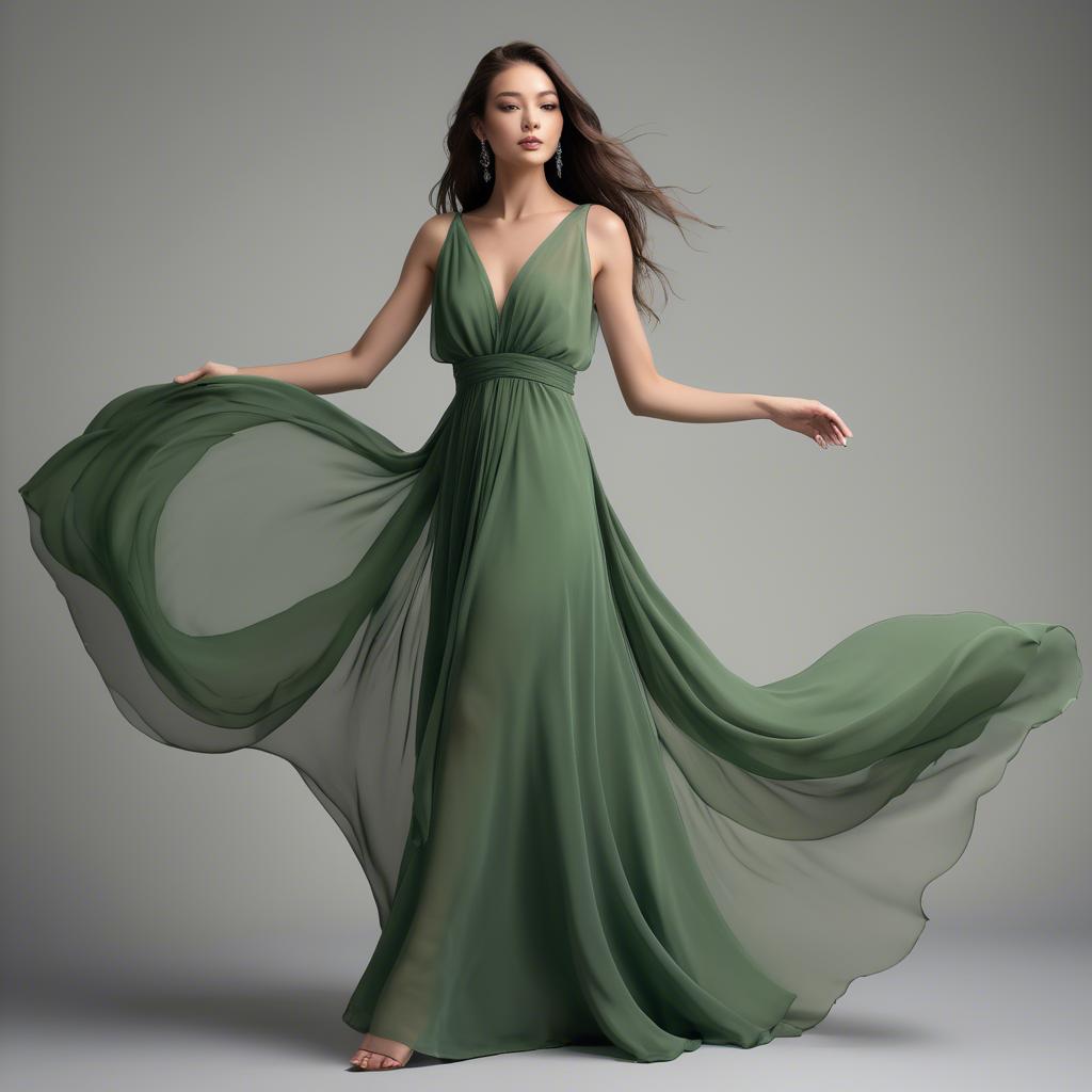 A stunning image of graceful model in a flowing green chiffon gown.