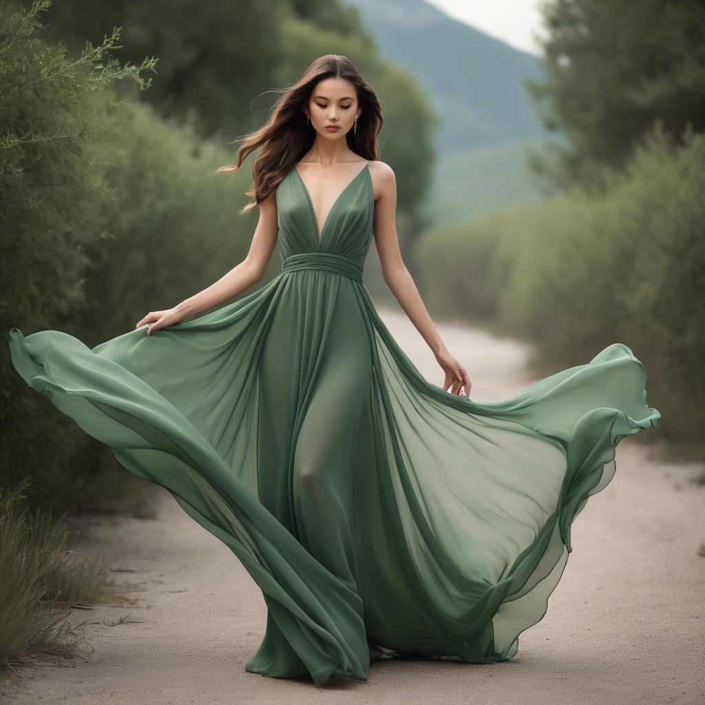 A stunning image of graceful model in a flowing green chiffon gown.