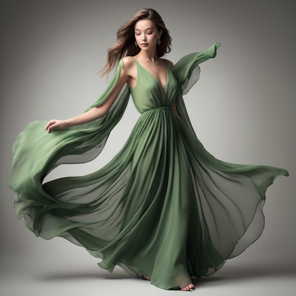 A stunning image of graceful model in a flowing green chiffon gown.