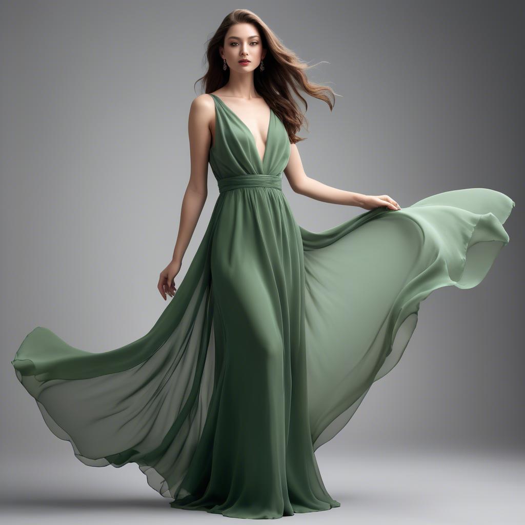 A stunning image of graceful model in a flowing green chiffon gown.